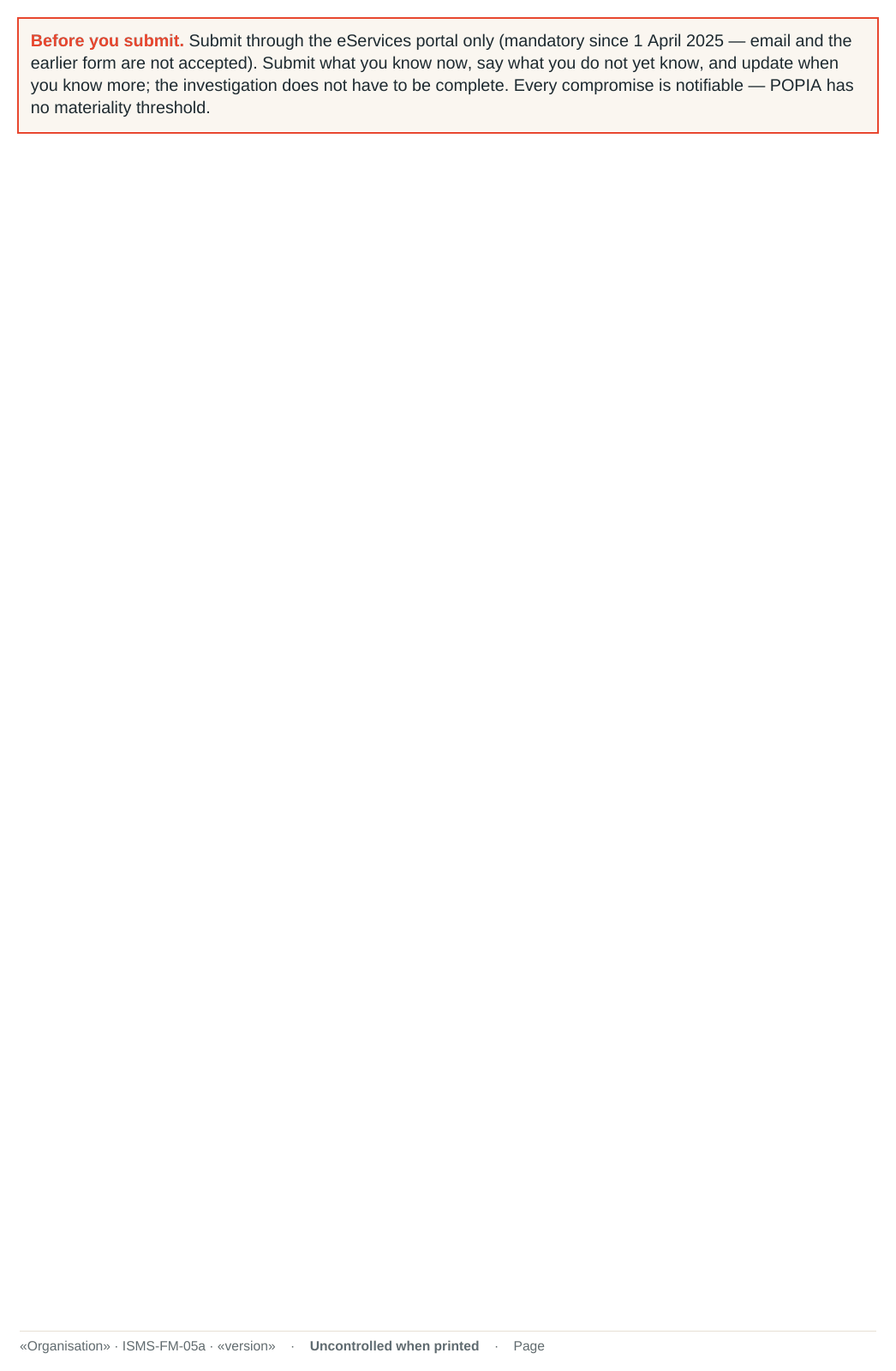 Notification templates — the email to data subjects with the four things POPIA s22(5) requires