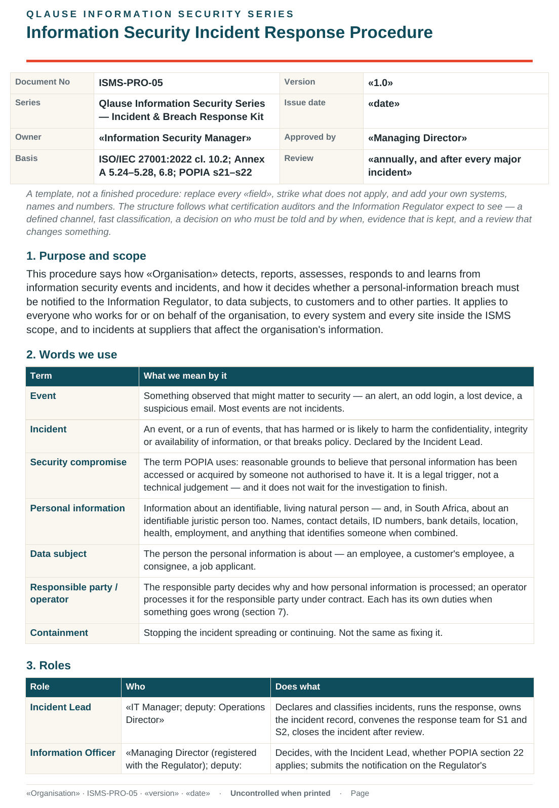 ISMS-PRO-05 Incident Response Procedure template, page 1