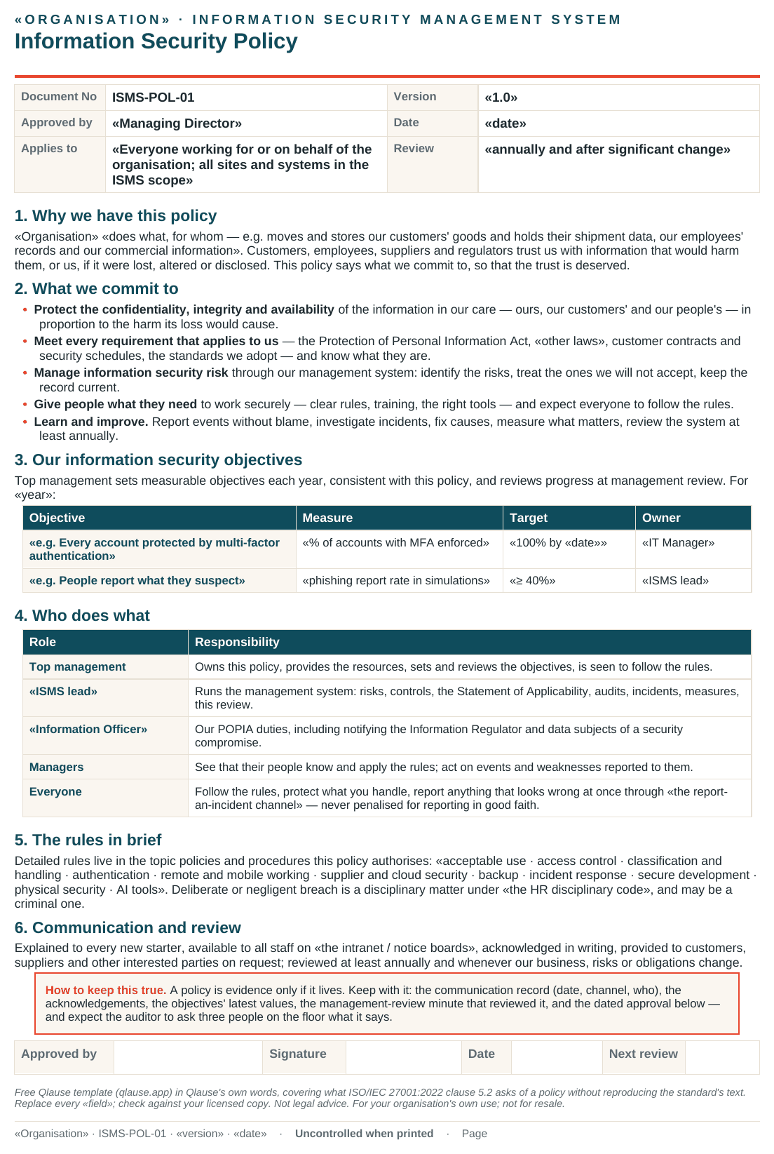 The one-page Information Security Policy template — commitments, objectives, roles, rules, communication and review, with the keep-it-true box